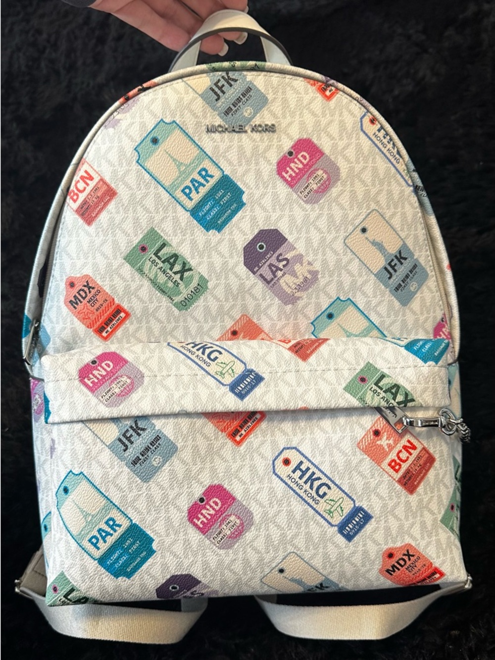 Michael Kors White Mini Backpack with Colorful Luggage Tag Print - Picture 2 of 5